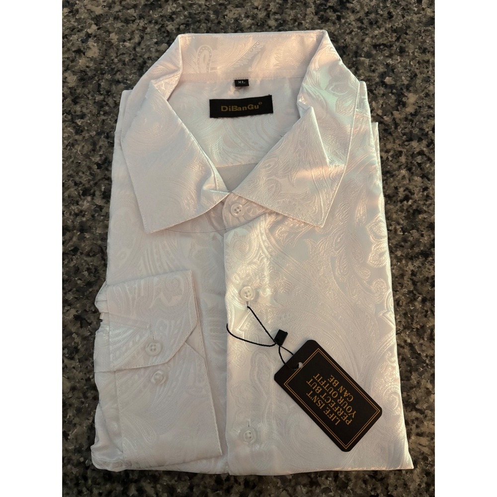 DiBanGu Mens White Paisley Jacquard Dress Shirt Long Sleeve Wedding Formal XL